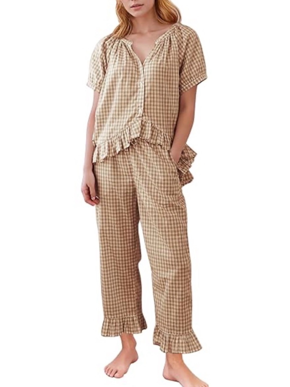 Gingham Ruffle Lounge/ Pajama Set Small in Brown/Beige Cottagecore Grandmacore